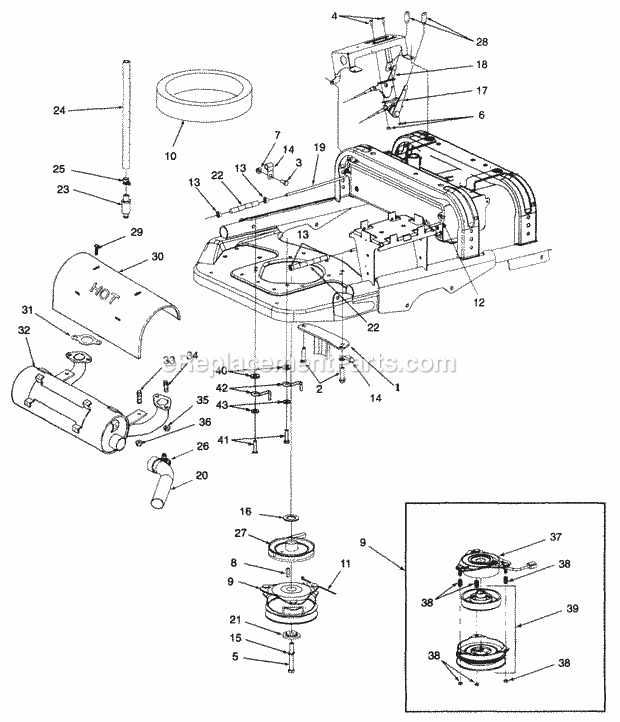 Engine Mounting, Muffler, Controls & Pto Clut 2 Diagram and Parts List for Z54 53AC385K100 Cub Cadet Lawn Mower